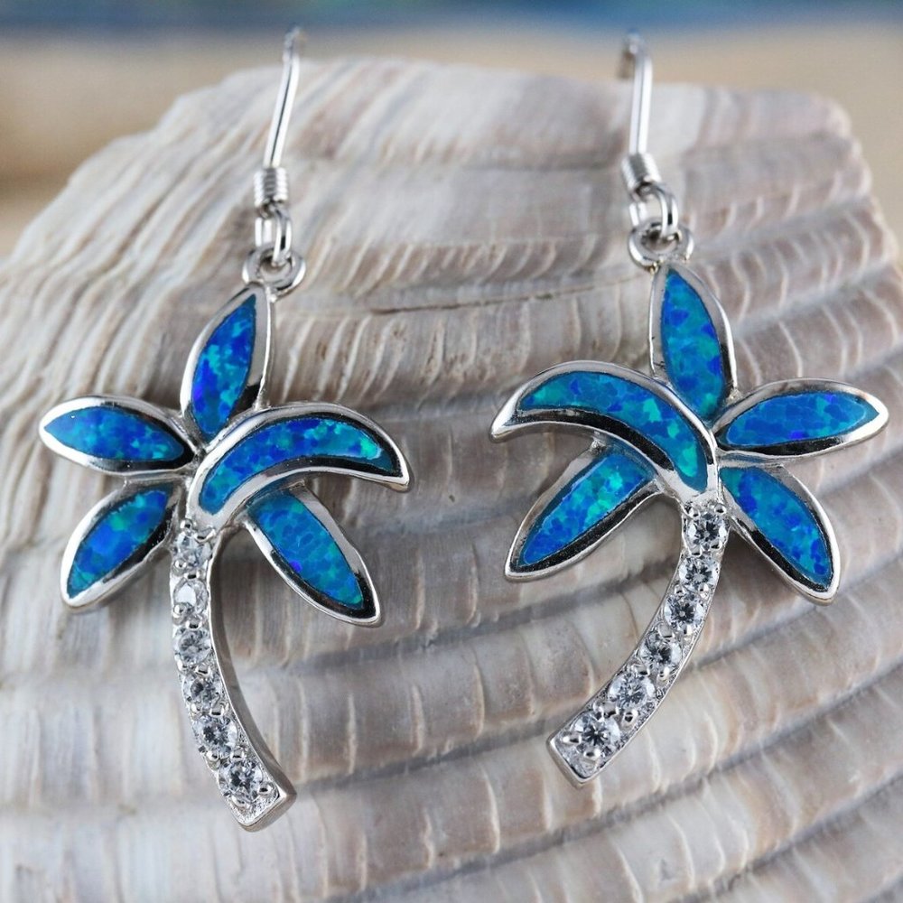 New, Unworn: Silver CZ Blue Opal Paua Shell Palm Tree Earrings, Beach Jewelry
